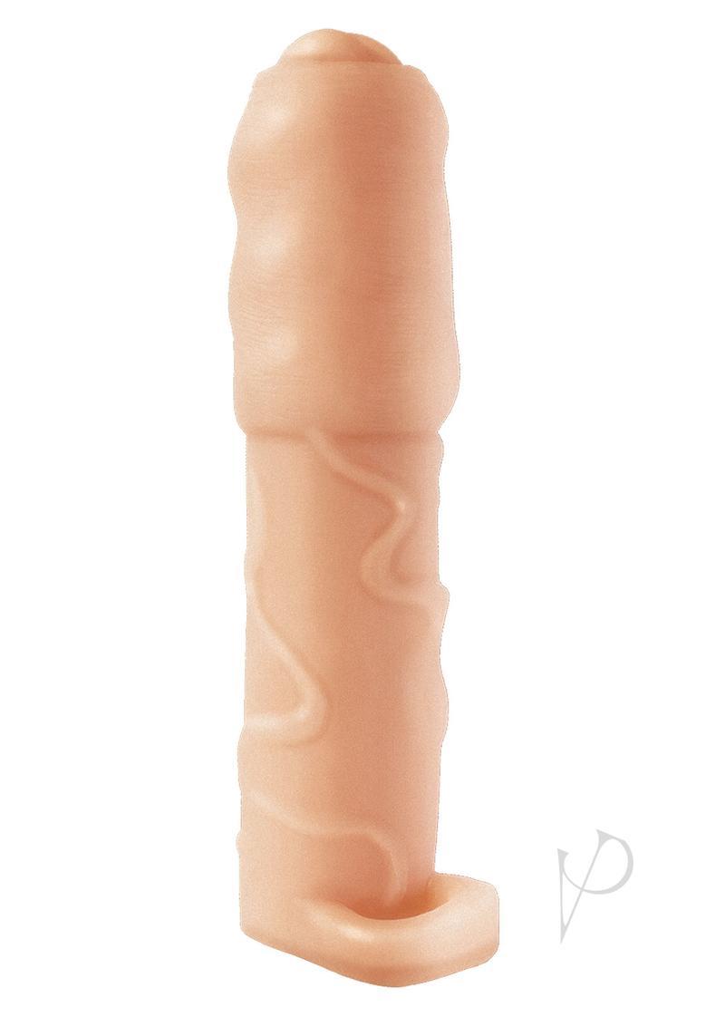 Natural Realskin Vibrating Uncircumcised Penis Extender With Scrotum Ring - Vanilla