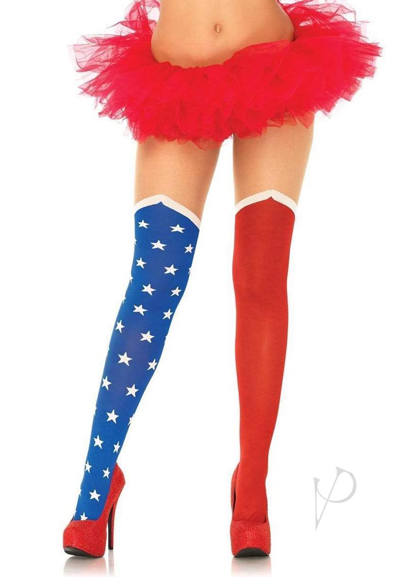 Leg Avenue Hero Opaque Tights With Sheer Thigh - O/s - Blue/red